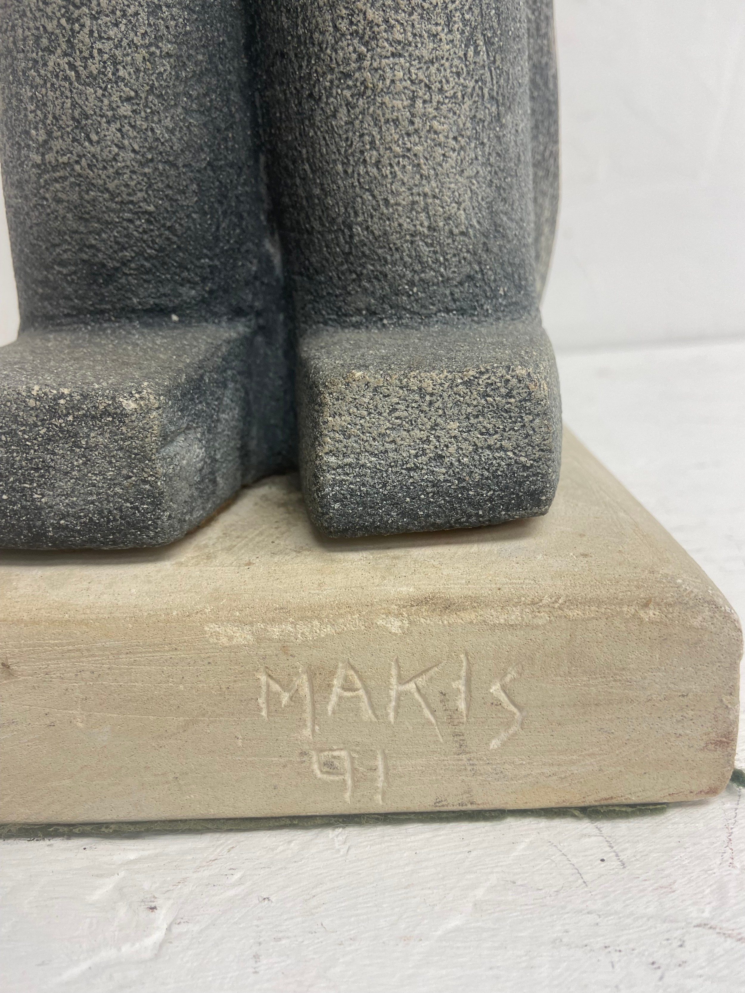 A carved stone seated figure in the modernist style signed and dated Makis to the base. H. - Image 4 of 4
