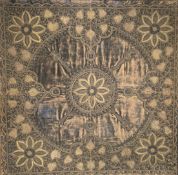 An Eastern embroidery in metal thread on velvet, stretched and framed. 81 x 81cm