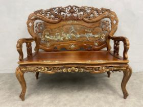 A C.1900 Chinese carved hardwood bench seat with profuse mother-of-pearl inlay with figures in a