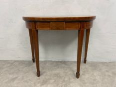A George III mahogany and satinwood inlaid card table, the foldover top with harewood banding on
