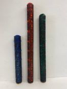 Three mid-century glass shades in filigree mounts and with screw fixings. H.99cm. (Largest).