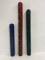 Three mid-century glass shades in filigree mounts and with screw fixings. H.99cm. (Largest).