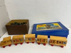A boxed Hornby Dublo train set, a box of micellaneous lead toy soldiers and a vintage educational