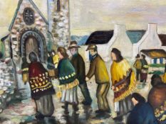 Oil on board, naive school figures by a church, signed Markey to the reverse, framed. 39x32cm.