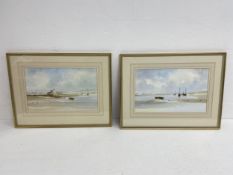 A pair of framed and glazed watercolours, yachts moored in an estuary, signed R Witchard. 42x55cm.