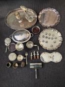 A miscellaneous collection of silver plate to include trays, crumb sweeper, lidded bacon tureen,