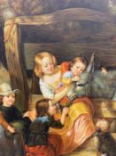 After Thomas Webster, a large oil on board genre scene with figures in a farmyard, indistinctly