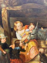 After Thomas Webster, a large oil on board genre scene with figures in a farmyard, indistinctly