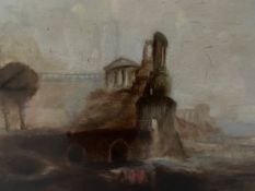A 19th century oil on board after the original painting titled 'Caligula's Palace and Bridge' by