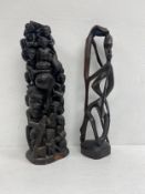 A Makonde hardwood tree of life carving along with a figural Shetani carving. H.54cm. (Tallest).