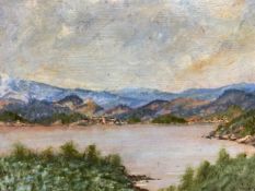 A large oil on canvas, Continental school lakescape with a town by the shore, signed and dated