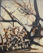 A 20th century abstract mixed media Russian school painting on board, monogrammed in cyrillic to the