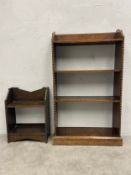 A small mid-century oak floor standing open bookcase and a wall hanging similar. H.84 W.49cm. (