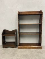 A small mid-century oak floor standing open bookcase and a wall hanging similar. H.84 W.49cm. (