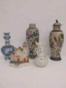 A pair of Japanese baluster form vases, a Delft vase, a Belleek vase and a Staffordshire figure