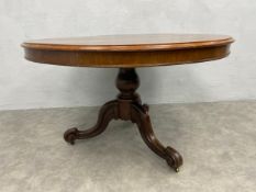 A Victorian mahogany dining table with tilt-top action on carved cabriole tripod base. H.74 Dia.