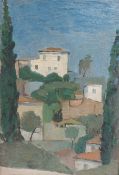 A framed oil on board, Continental school, villa and gardens with cypress trees. 31 x 25cm
