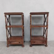 A pair of 19th century mahogany open bookcases with scrolling foliate mother-of-pearl inlay to the