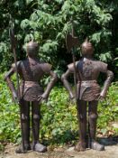 A pair of miniature suits of armour, plate metal French medieval style holding halberg axes. 90 x 36