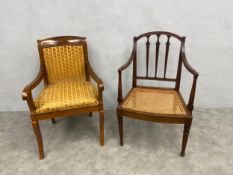 A Georgian mahogany armchair along with a 19th century Empire style satin birch armchair on sabre