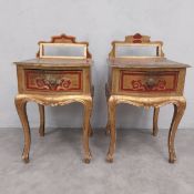 A pair of mid-century Florentine style bedside tables, painted and gilt with mirrored backs on
