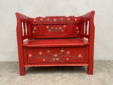 A 19th century Scandinavian painted pine bench with lift up seat and storage compartment. H.92 W.109