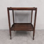 A mid-century mahogany two tier trolley with folding frame and two lift out trays. 74 x 59 x 44cm