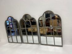 A set of three Regency style architectural garden mirrors in distressed metal window pane frames. 61