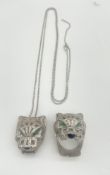 Silver panther jewel encrusted necklace and ring after Cartier, necklace L.80cm, ring size S 38g