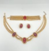 Monet suite necklace, bracelet and clip on earrings gold tone chain with red cabochon, longest