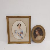 A 19th century watercolour portrait, gilt framed and glazed along with an oil on panel, female