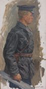 A gilt framed oil on board, A cold war Russian soldier, signed in cyrillic and dated 1953. 55.5 x