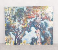 Michael Wharton (1933-1997), a large oil on board, trees, inscribed to the reverse. 122 x 153cm