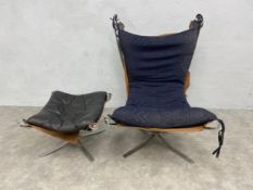 A mid-century Sigurd Resell Falcon chair and stool with cloth sling underseats on chrome supports.