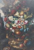 A large oil on canvas still life flower study in the manner of Jan van Huysum, monogrammed lower