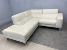 An Italian white leather modular corner sofa in three sections. W.316 H.80cm.