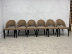 A set of six mid-century design dining chairs upholstered in calico on ebonised supports. H.90cm.