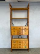 A mid-century Remploy Lundia Prefab Storage System open bookcase fitted with filing cabinet