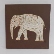A contemporary mixed media painting on canvas, portrait of an Indian elephant, signed Loraine Evans.