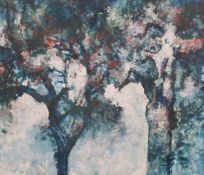 Michael Wharton (1933-1997), a large oil on board, trees in autumn, framed. 89 x 104cm
