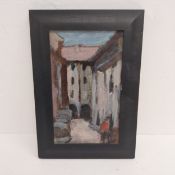 A framed oil on board, rural French village scene, monogrammed with label to the reverse. 32 x 22.