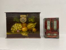 A small Chinese coffer hand decorated with still life fruit and a Chinese red lacquered fitted jewel