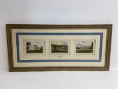 Three prints framed as one, Cornwall, landmark buildings. 114x53cm.