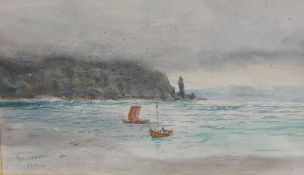After W. L. Wyllie, a framed and glazed watercolour, Hjelmso, signed. 37 x 47cm.