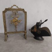 A C.1900 hand painted coal bucket or scuttle and shovel along with a French brass fire screen.