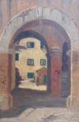 An oil on panel, continental street scene with figures, indistinctly signed in ornate gilt frame. 46