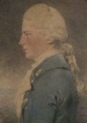 A 18th century watercolour portrait, naval officer in profile with the sea horizon behind. 32.5 x