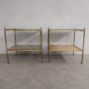 A pair of vintage brass framed lamp or occasional tables with inset hand painted and signed tops and