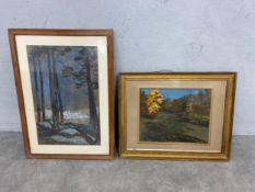 Elizabeth Baldwin Warn, a framed and glazed watercolour, village by moonlight through trees, label