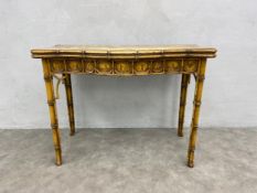 A Georgian Chinoiserie style faux bamboo tea table with hand painted decoration and foldover top
